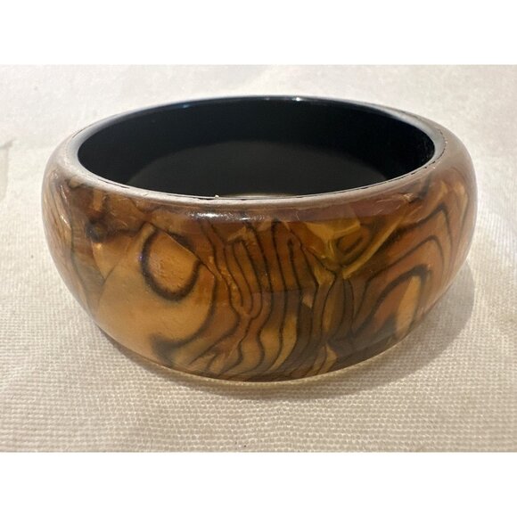 Brown & Black Retro Chunky Resin Bangle Bracelet With Marbled Design Boho Artsy - Picture 2 of 4